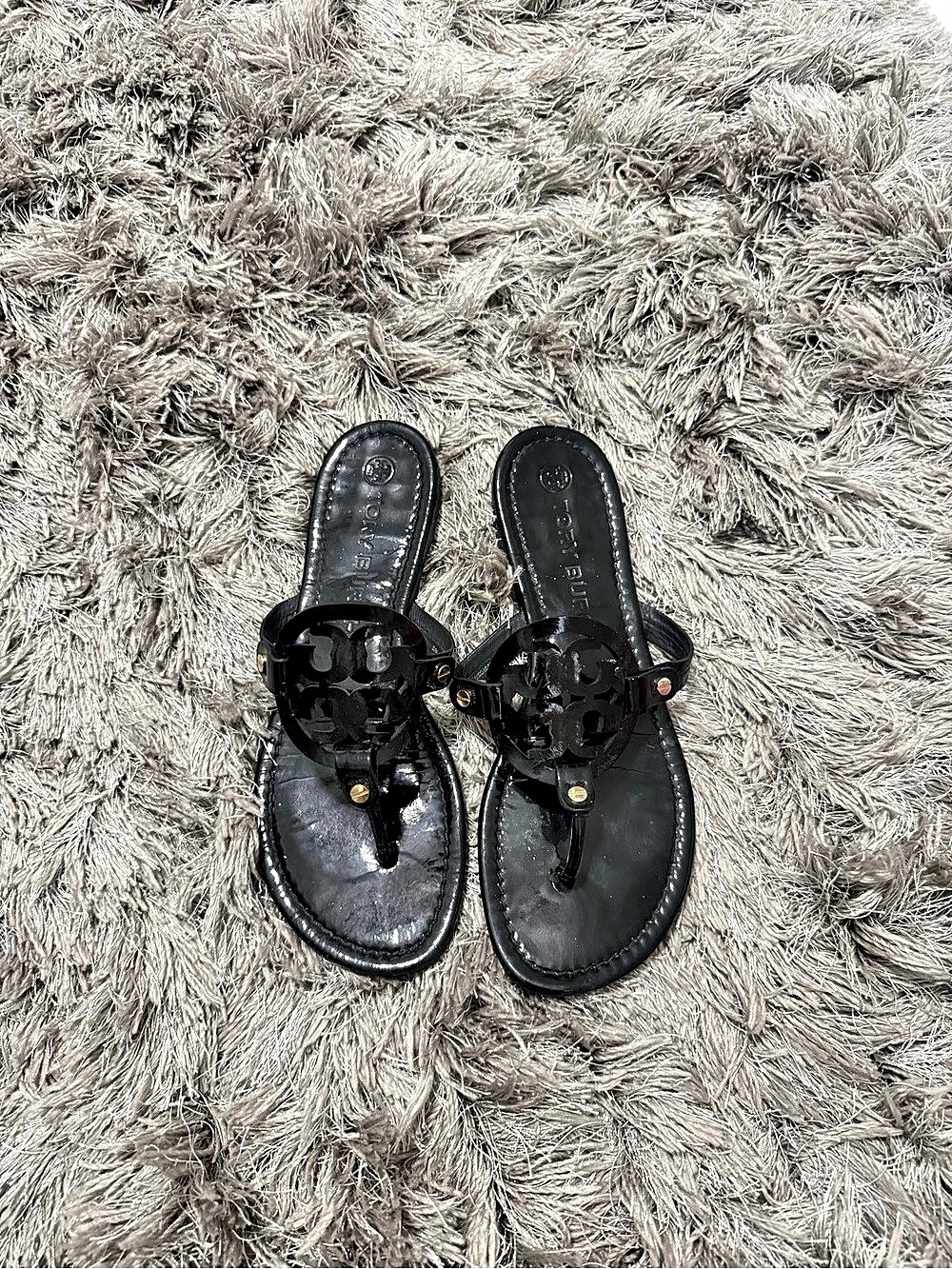 Tory Burch Miller Patent Sandal Black Studded Thong Sandals